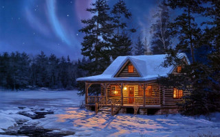 Cabin woods stream starry moon - a cabin free wallpaper