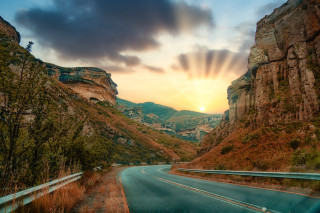 Mountain road sunset skyline ocean - a matte painting free wallpaper