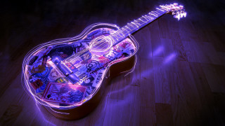 Guitar stickers woodenfloor purplelight neon - a purple light free wallpaper