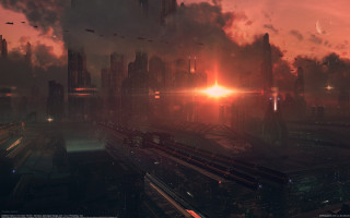 Futuristic city train sunset red 2 - craig mullins free wallpaper