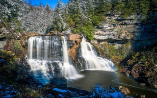 Waterfall trees snow rocks impressionist - free seasons wallpaper