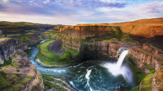 Waterfall river cliff blue sky - free nature wallpaper