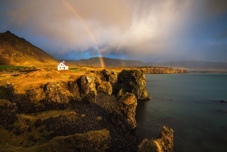 Cliff house rainbow mountains ocean - a rainbow in the background and a rainbow in the sky above free wallpaper
