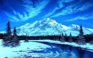 Snowy mountain river trees blue - white cloud free wallpaper