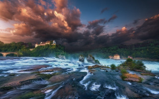 River rapids bridge castle sunset - cloudy free wallpaper