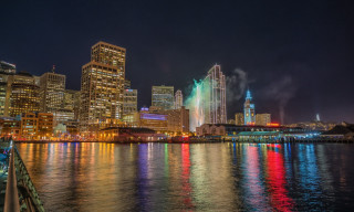 City skyline bridge fireworks river - holography free wallpaper