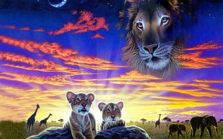Lions giraffe sunset moon mountains - full free wallpaper