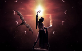 Woman staff moonphases bats light - a sky full free wallpaper
