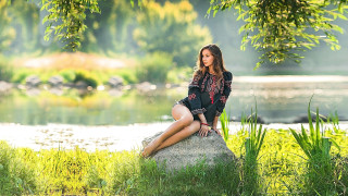 Woman sitting pond grass tree - anna hotchkis free wallpaper