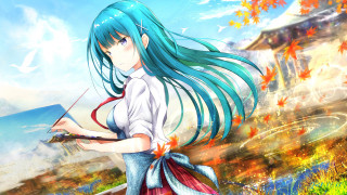 Blue haired girl autumn leaves - analytical art free wallpaper