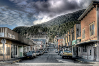 Street cars parked mountain background - both side of it free wallpaper