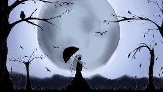 Woman umbrella fullmoon bats anime - full free wallpaper
