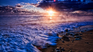 Beach waves sunset clouds city - wave free wallpaper