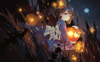 Girl pumpkin field moon stars - a moon in the background free wallpaper