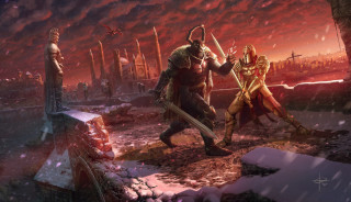 Snowy fight red sky armor - art free wallpaper
