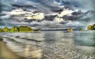 Beach cloudy sky trees water 2 - the background and water free wallpaper