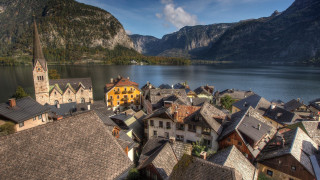 Village church mountains lake architecture - a lake in the foreground free wallpaper