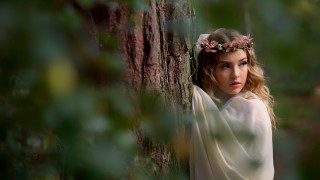 Woman white dress flower crown - over her free wallpaper