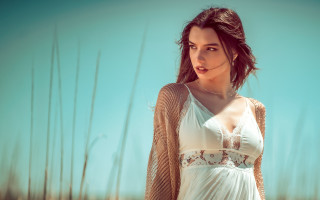 Woman white dress field tall - impressionist free wallpaper