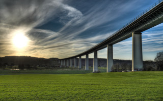 Bridge green field sunset clouds - a few cloud free wallpaper for desktop