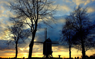 Windmill trees cloudy sky autumn - cloudy free wallpaper