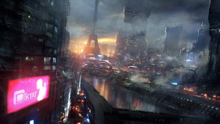 Cityscape river neon sign retrofuturism - cedric peyravernay free wallpaper