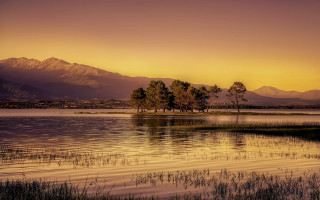 Lake trees mountains sunset cityscape - constantine andreou free wallpaper