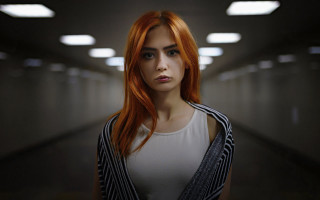 Red haired woman hallway striped - jacket free wallpaper