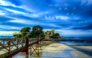 Wooden bridge castle cloudy sky - impressionist painting free wallpaper