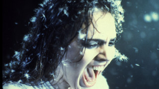 Woman snow falling hair blowing - her mouth free wallpaper