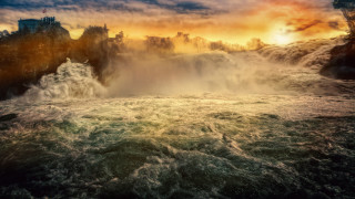 Waterfall castle sunset river mountain - naturalism free wallpaper