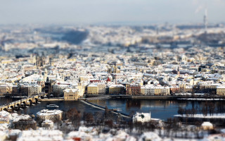 Danube bridge river snow cityscape - tilt shift free wallpaper