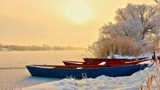 Boats snowy lake trees winter - top of a snow free wallpaper