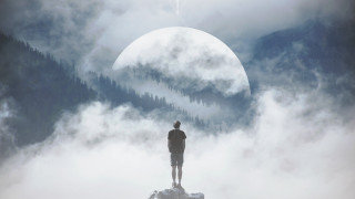 Man rock mountain foggy fullmoon - brazier free wallpaper