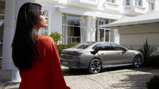 Woman red dress silver car - a white house free wallpaper