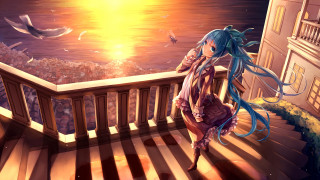 Balcony girl ocean birds horizon - a balcony free wallpaper