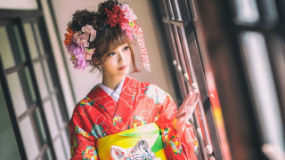 Woman kimono cat flower hair - chizuko yoshida free wallpaper