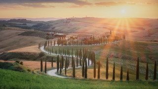 Winding road hills trees sunset - road free wallpaper