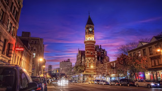 Clock tower city street night - the side of the street free wallpaper