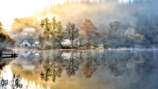 Lake house trees fog autumn - a house and trees free wallpaper