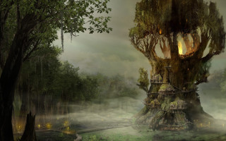 Fantasy treehouse forest fire trunk - a fire free wallpaper
