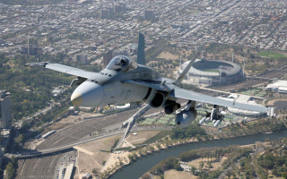 Fighterjet city river bridge precisionism - over a city free wallpaper