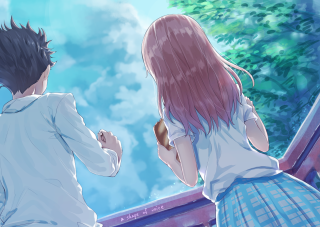 Romantic anime couple outdoors school - a man and a woman free wallpaper