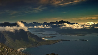 Mountain lake clouds sunset beach - a mountain in the distance free wallpaper