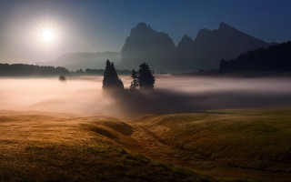 Foggy mountains tree lake sunlight - volumetric fog free wallpaper