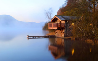 Lake house dock boathouse fog - a photo free wallpaper