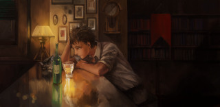 Man sitting table alcohol lamp - a lamp free wallpaper