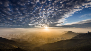 City sunset clouds beach mountains - crepuscular ray free wallpaper