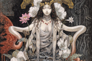 Woman flowers dragon painting art - a lotus position free wallpaper