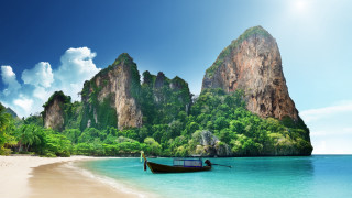 Boat beach mountain sky clouds - a matte painting free wallpaper